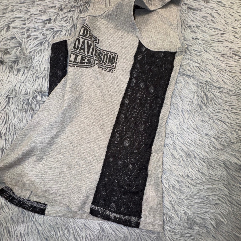 Harley Davidson Women's Large Gray Lace Side Trim Ribbed V-Neck Tank Top Shirt - Picture 6 of 9